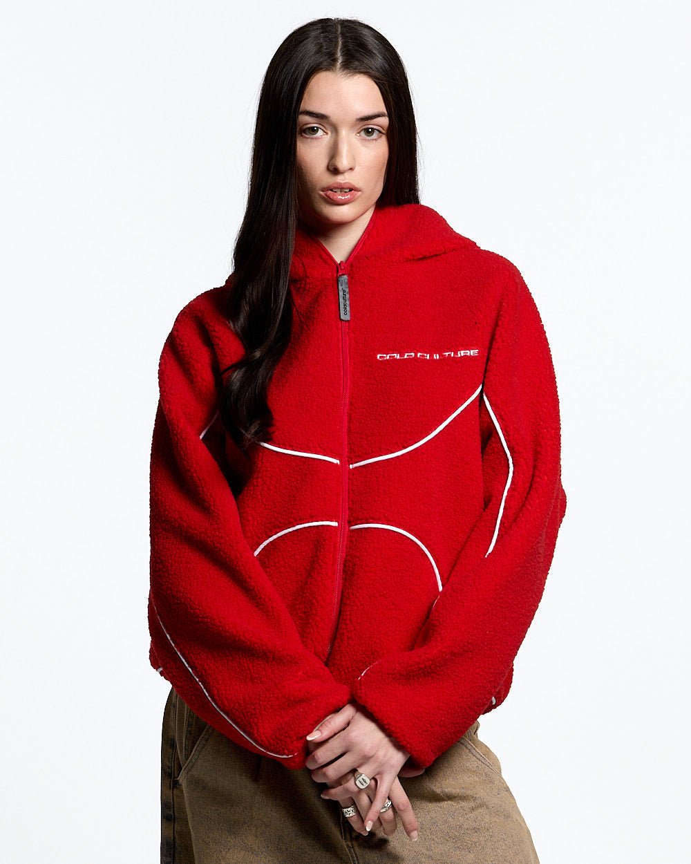 NO RISK FLEECE JACKET VIVID RED - red hooded fleece jacket, front view on female model - Cold Culture #woman