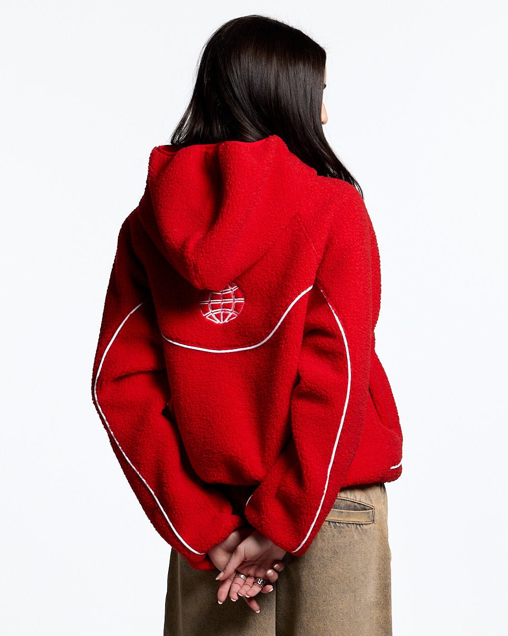 NO RISK FLEECE JACKET VIVID RED - red hooded fleece jacket, back view on female model - Cold Culture #woman