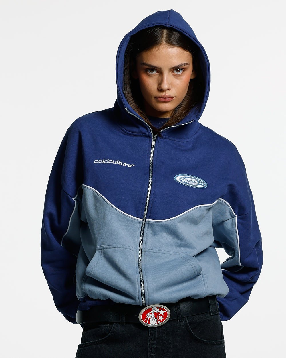 NO RISK ZIP HOODIE BLUE SCALE - two-tone blue zip-up hoodie, front view on female model - Cold Culture #woman