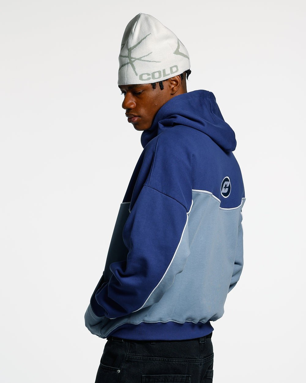 NO RISK ZIP HOODIE BLUE SCALE - two-tone blue zip-up hoodie, side view - Cold Culture #man