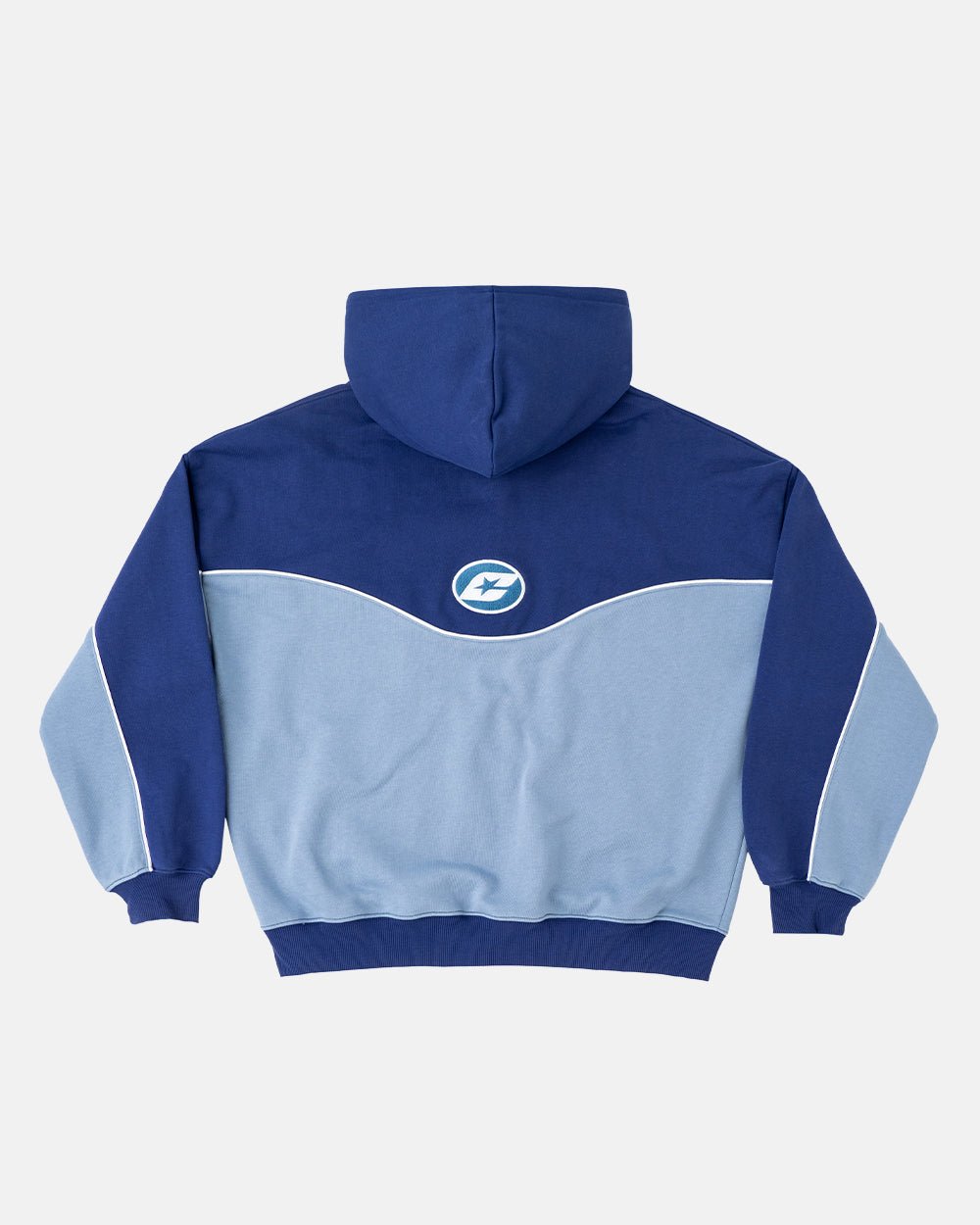 NO RISK ZIP HOODIE BLUE SCALE - two-tone blue zip-up hoodie, back view - Cold Culture #packshot