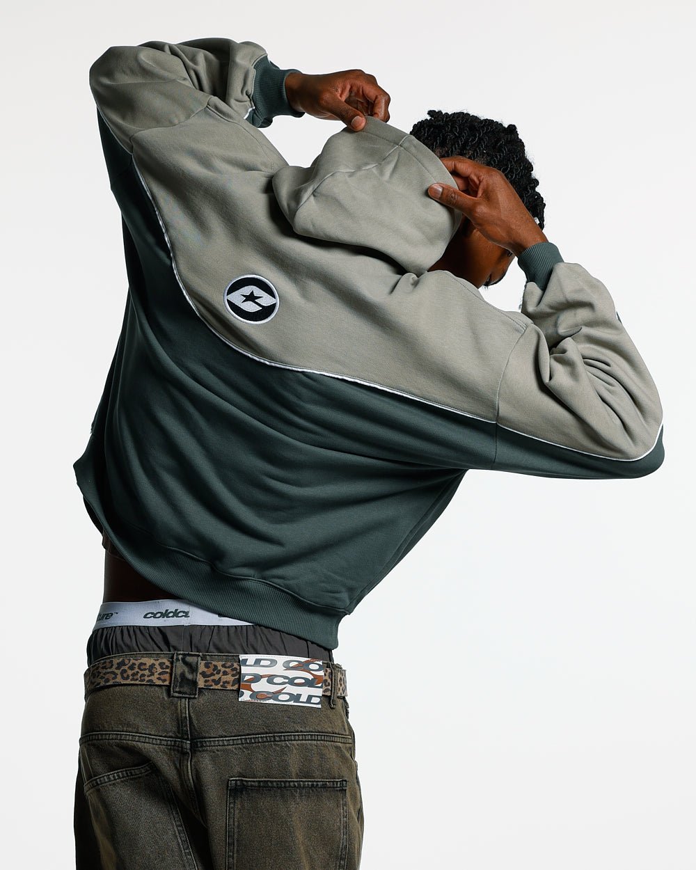NO RISK ZIP HOODIE GREY SCALE - grey two-tone zip hoodie, back view on male model - Cold Culture