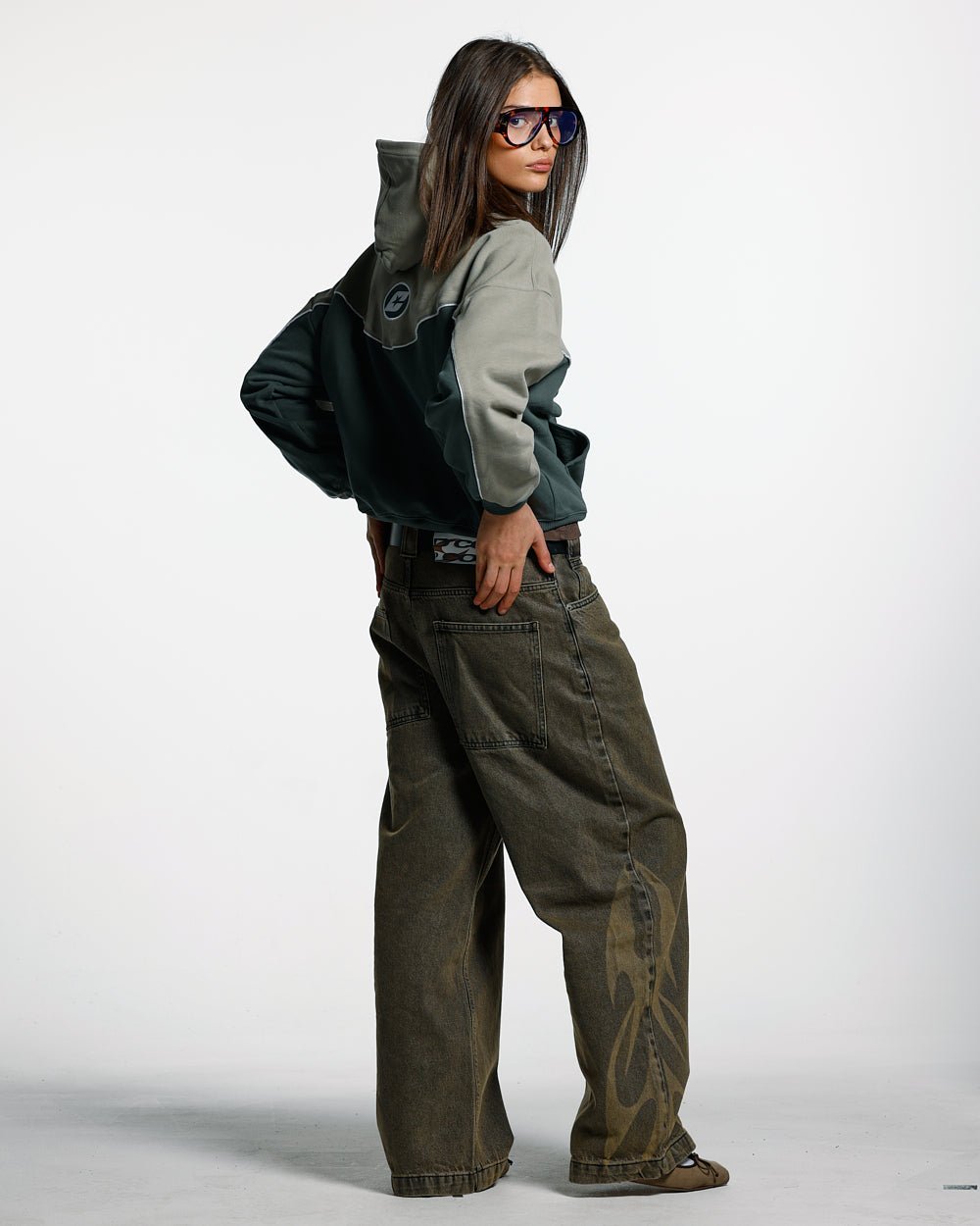 NO RISK ZIP HOODIE GREY SCALE - grey two-tone zip hoodie, side view - Cold Culture #woman