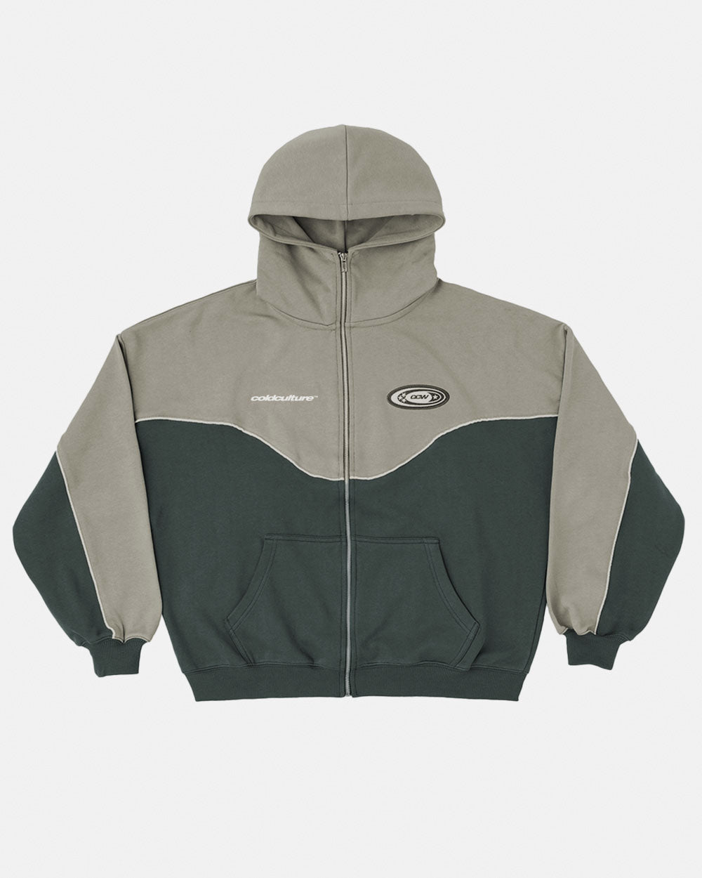 NO RISK ZIP HOODIE GREY SCALE - grey two-tone zip hoodie, front view - Cold Culture #packshot