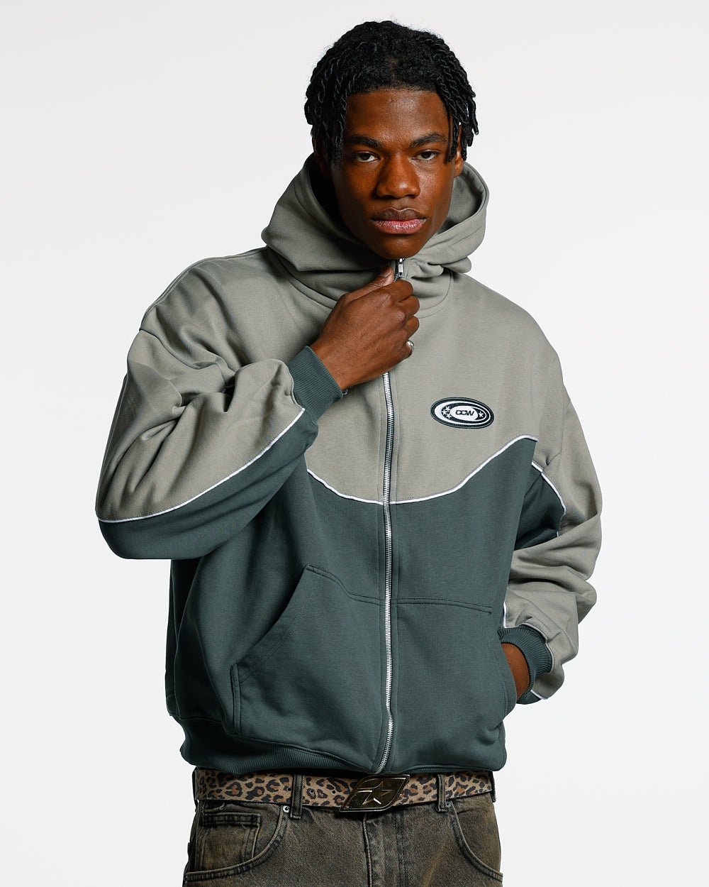 NO RISK ZIP HOODIE GREY SCALE - grey two-tone zip hoodie, front view on male model - Cold Culture #man