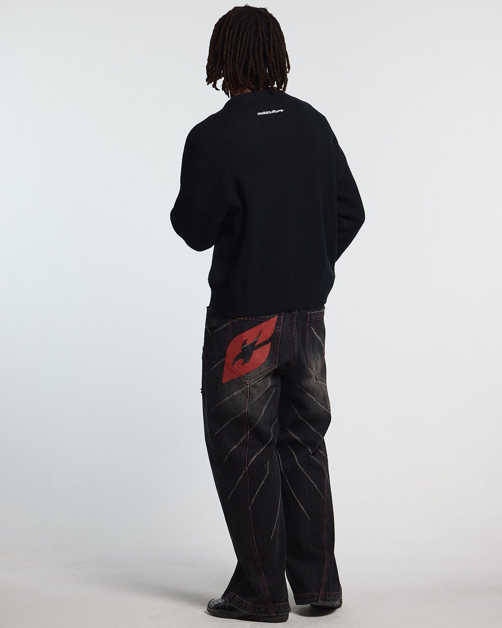 NO RULES KNIT BLACK - black graphic knit sweater, back view on male model - Cold Culture #man