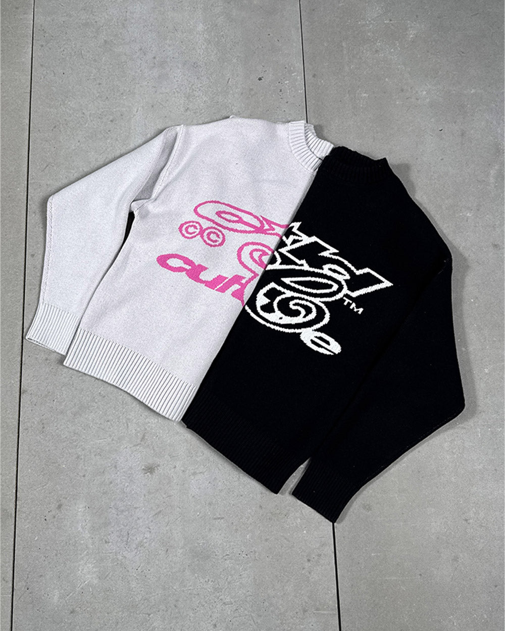NO RULES KNIT BLACK - black graphic knit sweater, flat lay with matching pieces - Cold Culture