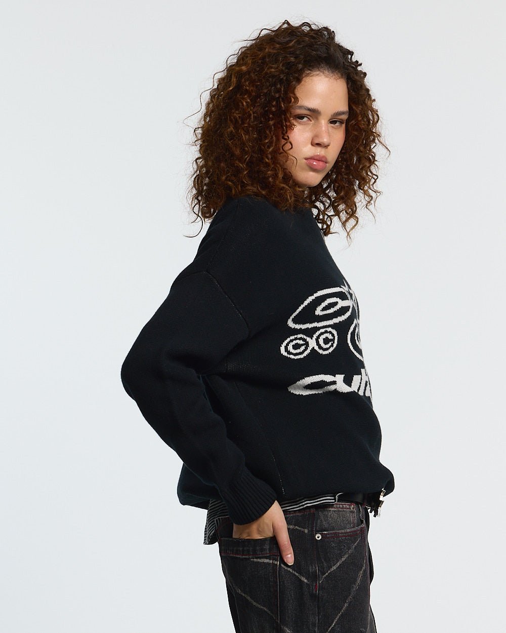 NO RULES KNIT BLACK - black graphic knit sweater, side view - Cold Culture #woman