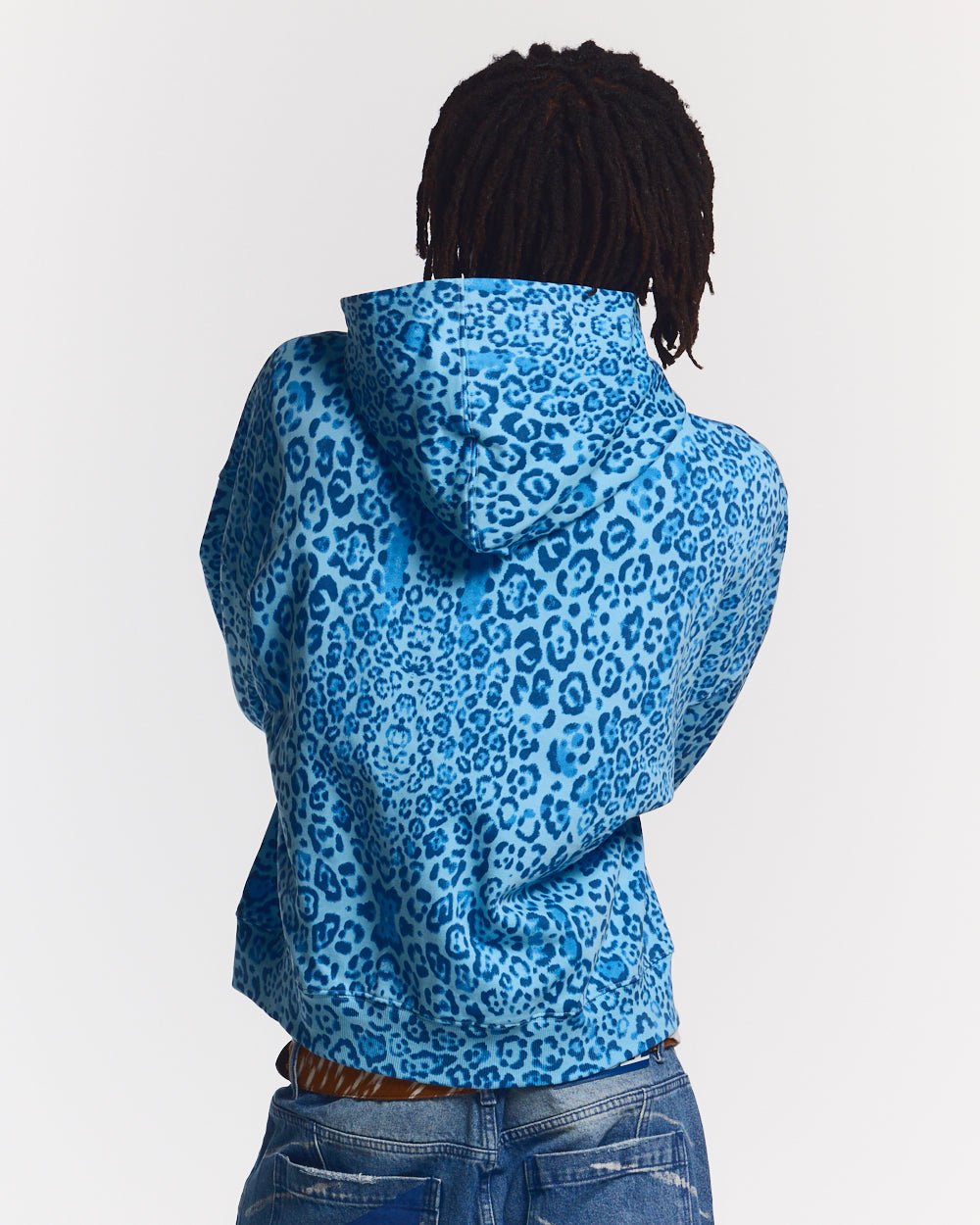 NOCTURNE BEAST ZIP HOODIE BLUE - blue leopard print zip-up hoodie, back view on male model - Cold Culture