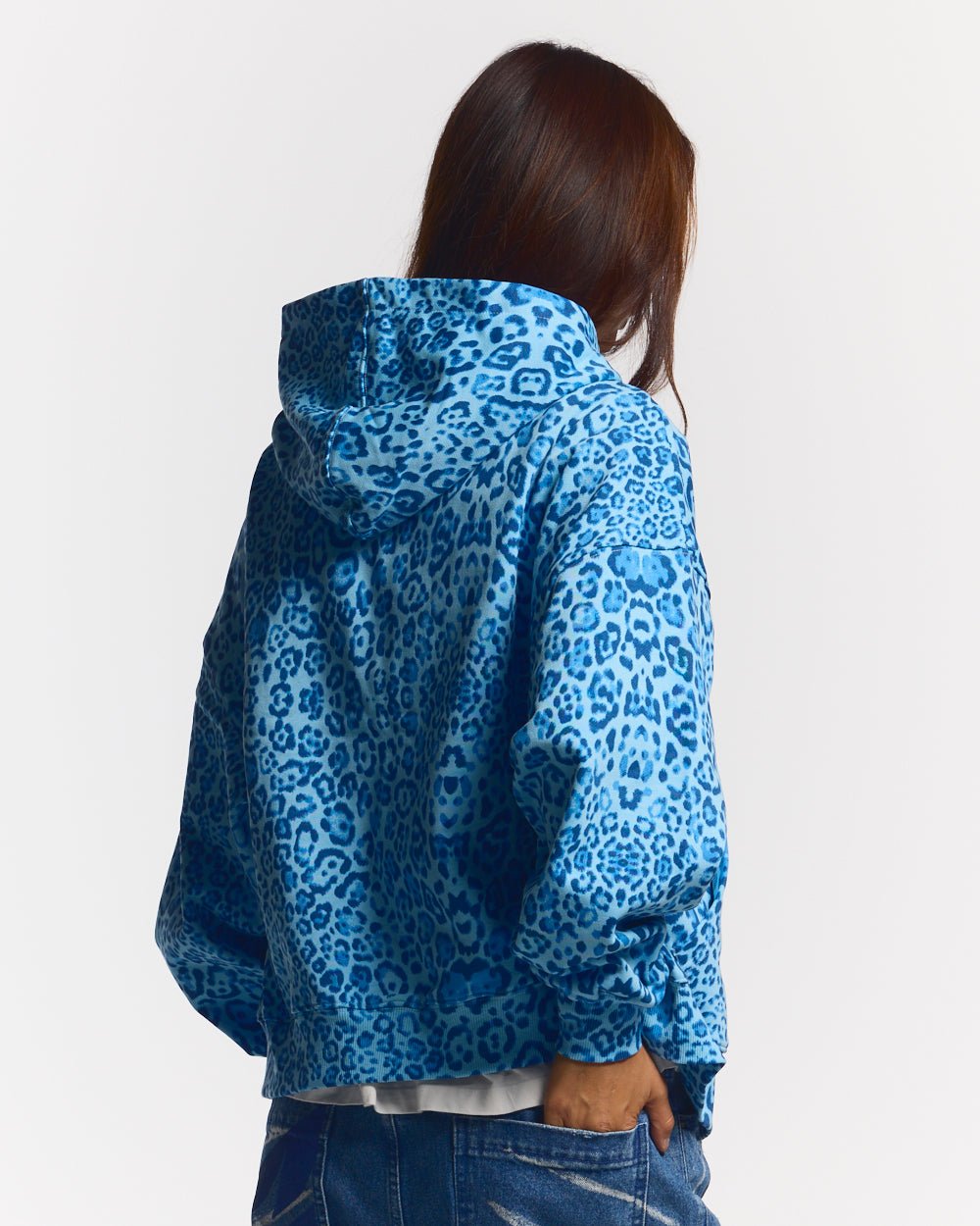 NOCTURNE BEAST ZIP HOODIE BLUE - blue leopard print zip-up hoodie, back view on female model - Cold Culture #woman