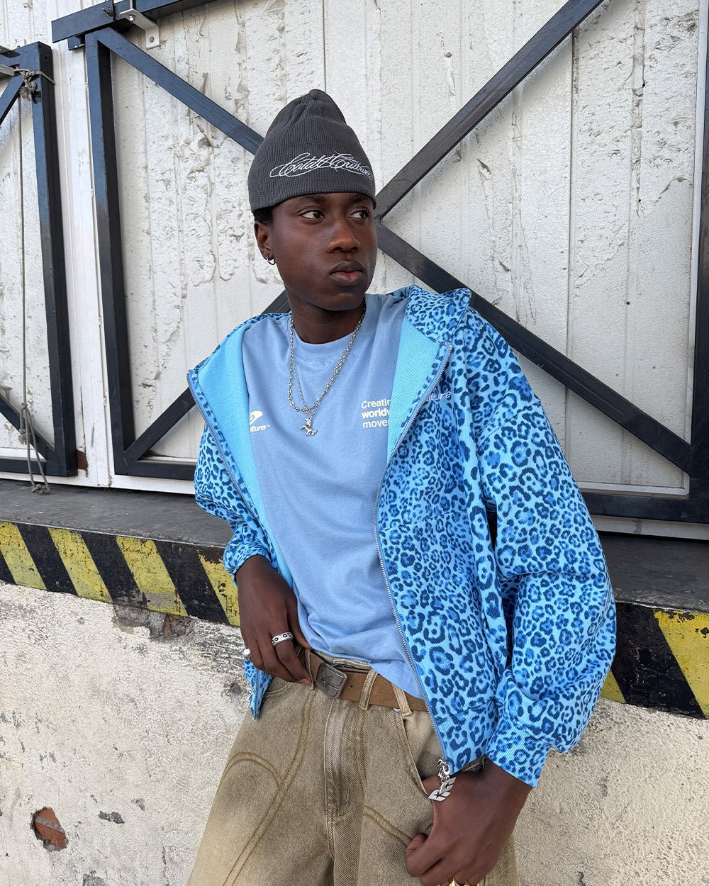 NOCTURNE BEAST ZIP HOODIE BLUE - blue leopard print zip-up hoodie, street style shot - Cold Culture