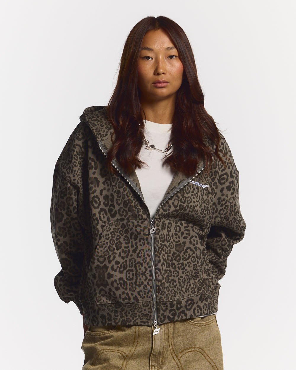 NOCTURNE BEAST ZIP HOODIE BROWN - brown leopard print zip-up hoodie, front view on female model - Cold Culture #woman