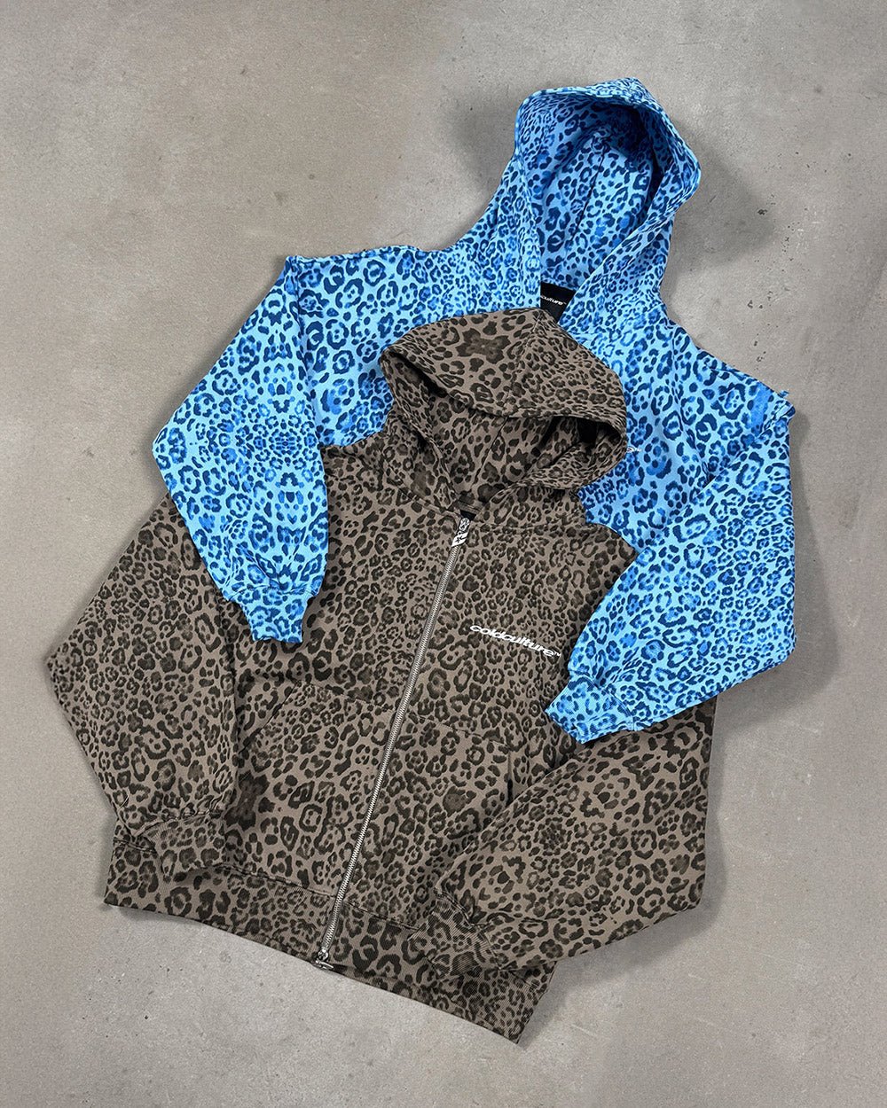 NOCTURNE BEAST ZIP HOODIE BROWN - brown leopard print zip-up hoodie, flat lay with matching pieces - Cold Culture