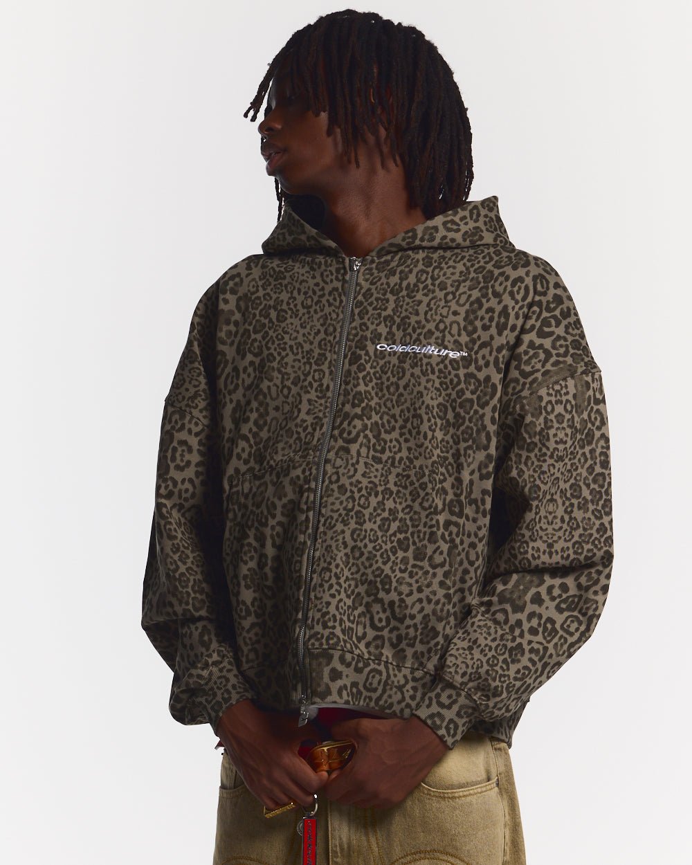 NOCTURNE BEAST ZIP HOODIE BROWN - brown leopard print zip-up hoodie, front view on male model - Cold Culture #man