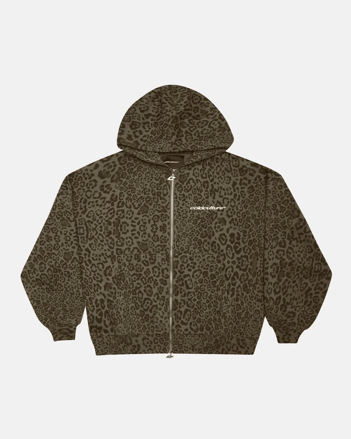 NOCTURNE BEAST ZIP HOODIE BROWN - brown leopard print zip-up hoodie, front view - Cold Culture #packshot