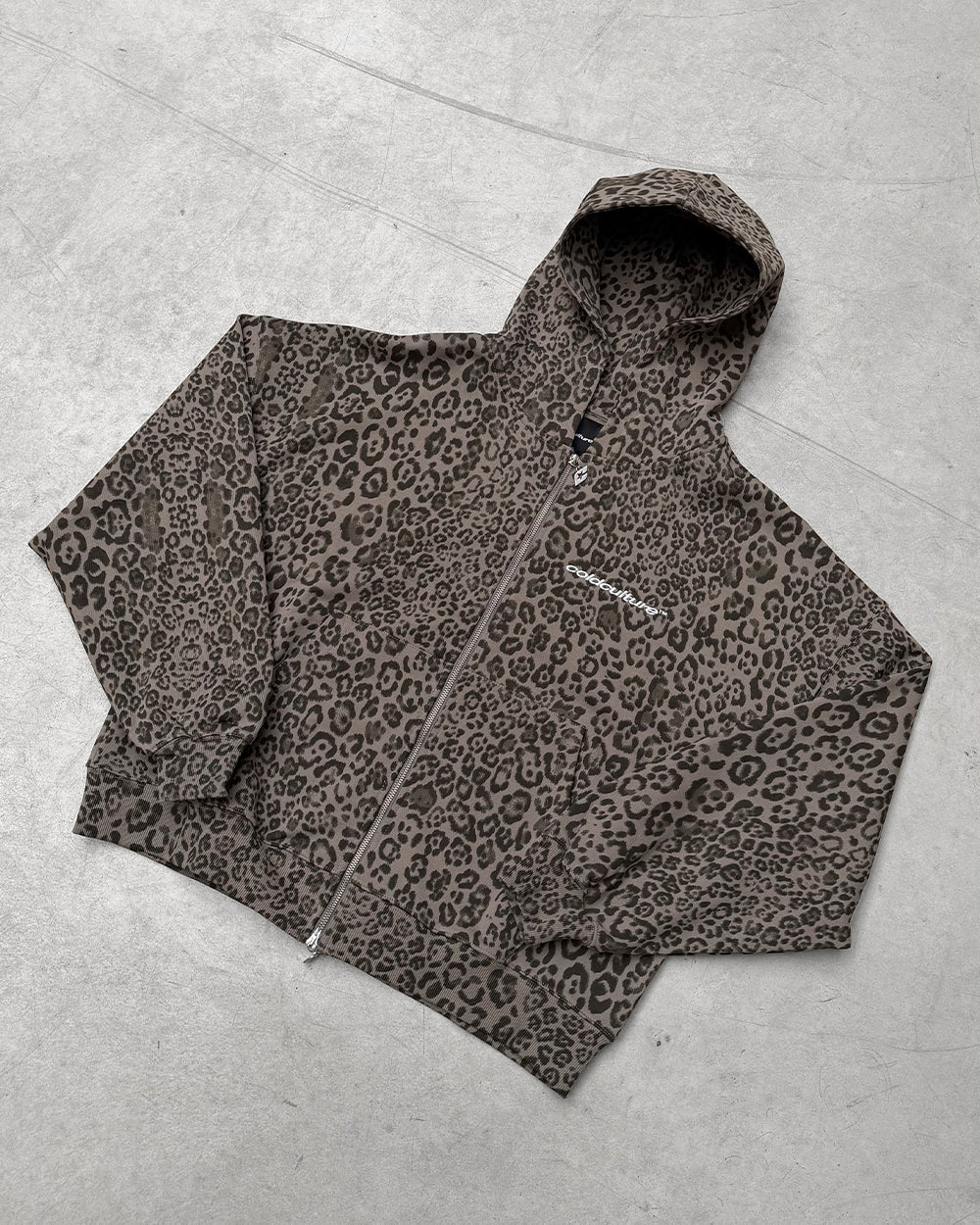 NOCTURNE BEAST ZIP HOODIE BROWN - brown leopard print zip-up hoodie, flat lay - Cold Culture