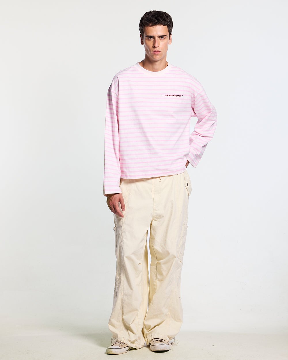 NORTH STARS LONGSLEEVE PINK - pink striped longsleeve tee, front view on male model - Cold Culture #man