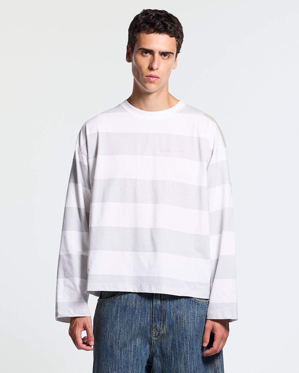 NORTH STARS LONGSLEEVE WHITE - white striped longsleeve tee, front view on male model - Cold Culture #man