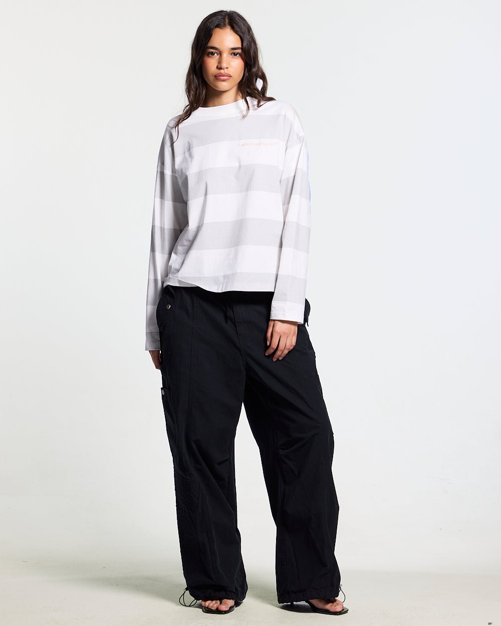 NORTH STARS LONGSLEEVE WHITE - white striped longsleeve tee, front view on female model - Cold Culture #woman
