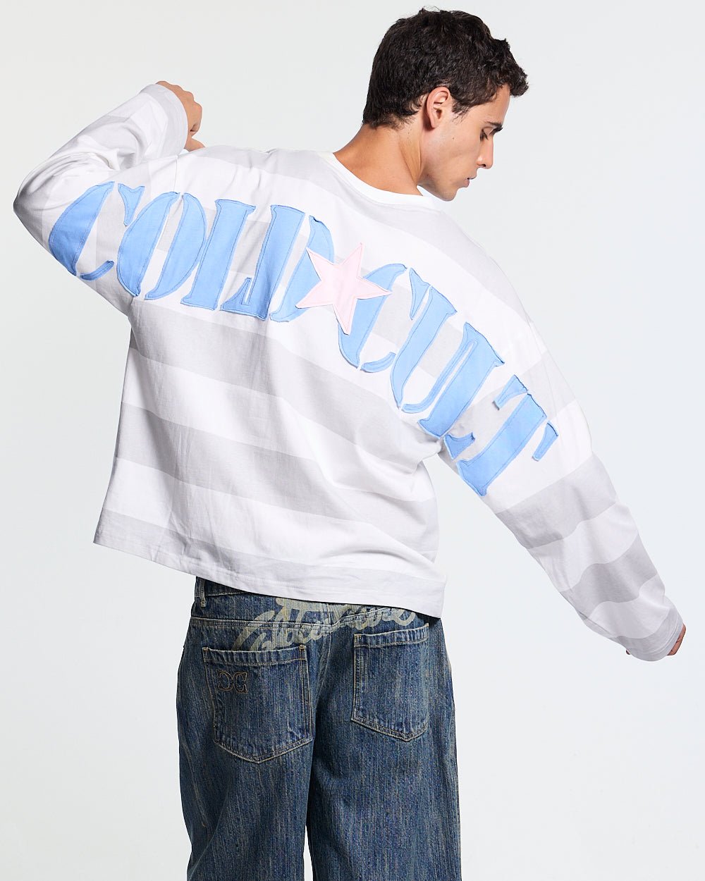 NORTH STARS LONGSLEEVE WHITE - white striped longsleeve tee, back view on male model - Cold Culture #man