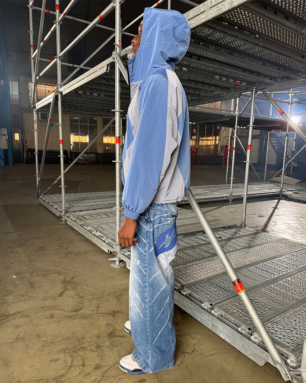NOT FORMAL JACKET BLUE - blue colorblock hooded jacket, street style shot - Cold Culture