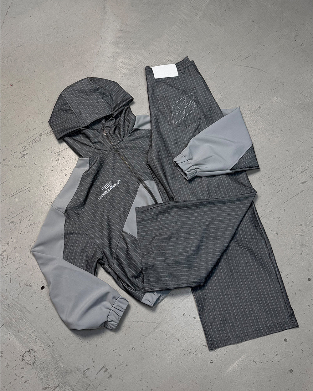 NOT FORMAL SET JACKET GREY - grey pinstripe track jacket, flat lay with matching pieces - Cold Culture