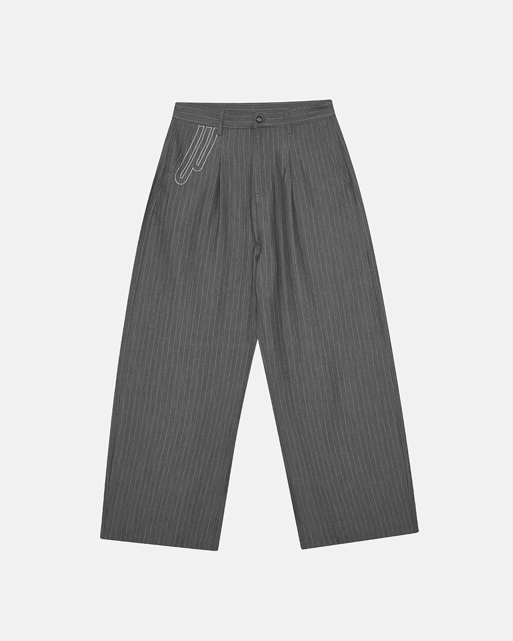 NOT FORMAL SET PANTS GREY - grey pinstripe pants, front view - Cold Culture #packshot