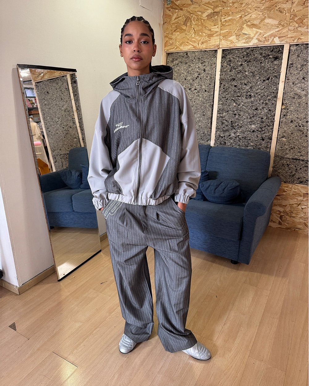 NOT FORMAL SET PANTS GREY - grey pinstripe pants, street style shot - Cold Culture