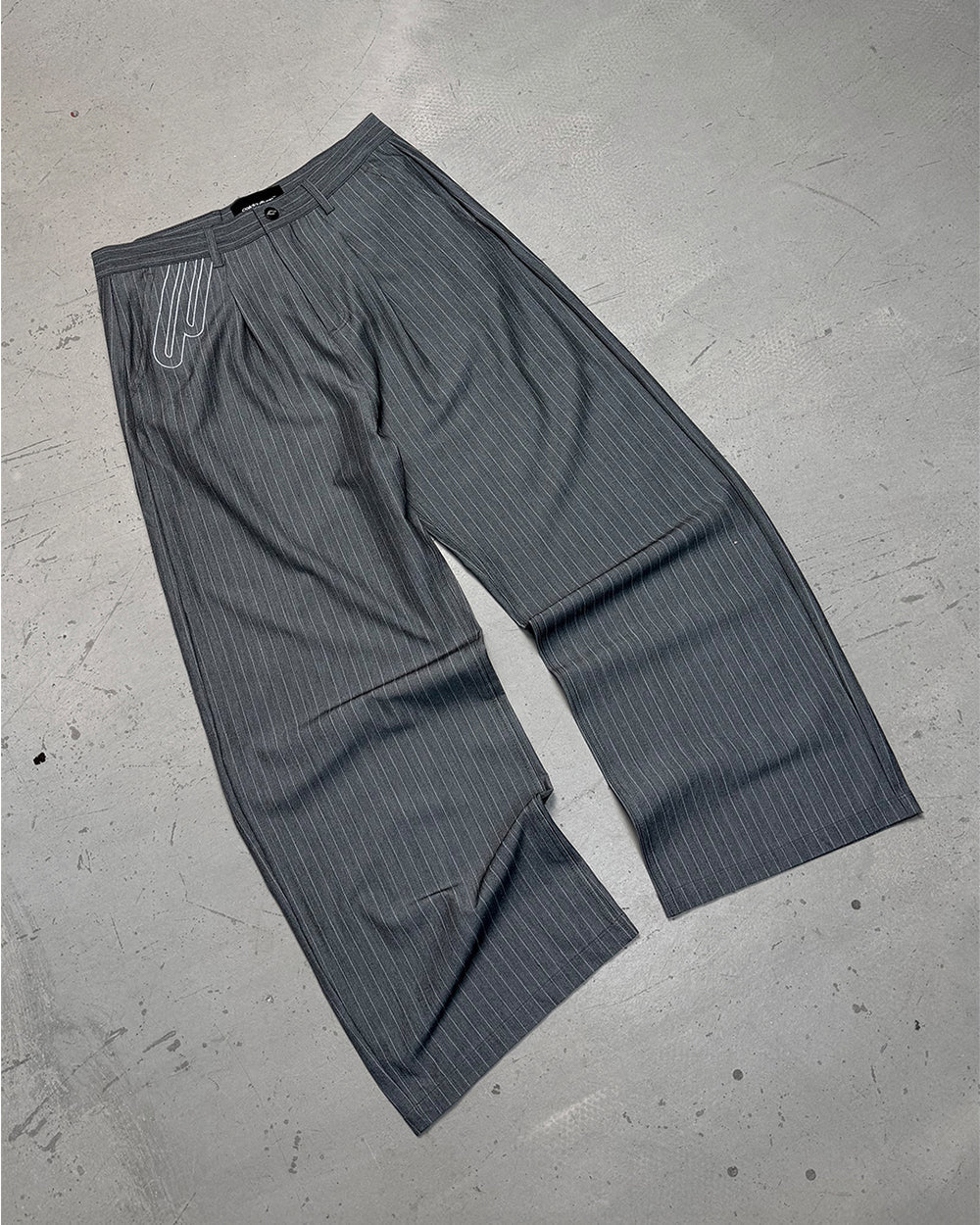 NOT FORMAL SET PANTS GREY - grey pinstripe pants, flat lay - Cold Culture