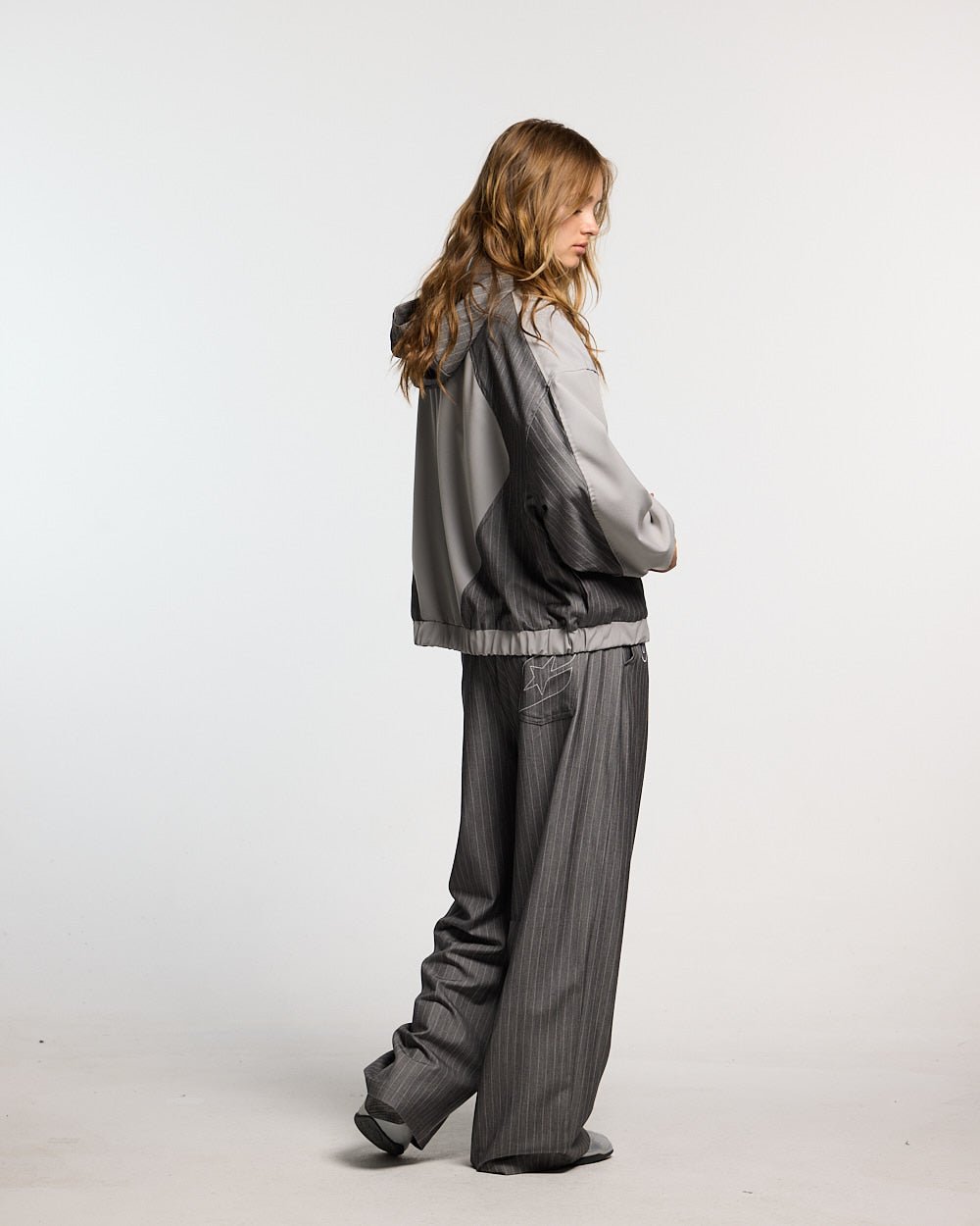 NOT FORMAL SET PANTS GREY - grey pinstripe pants, side view - Cold Culture #woman