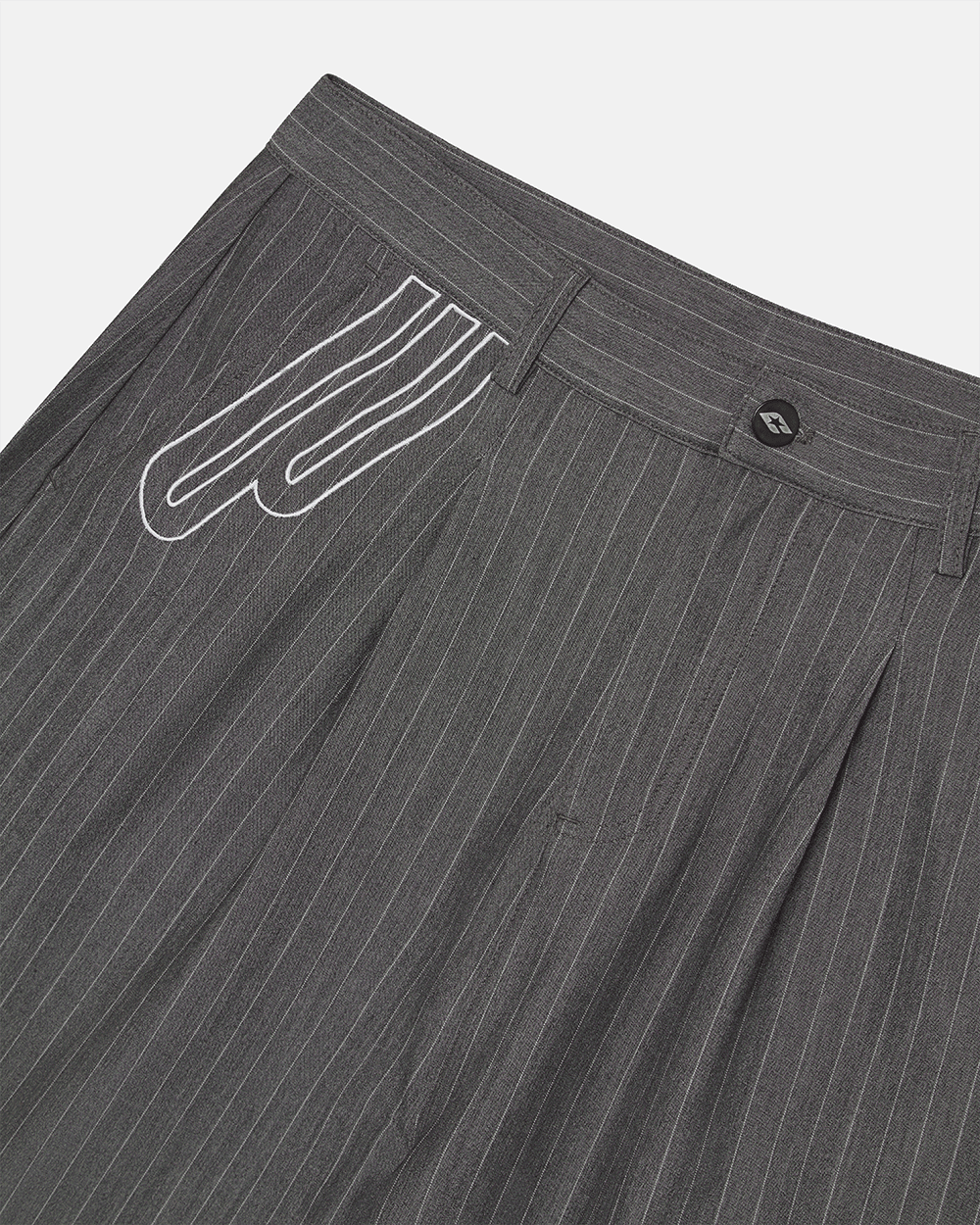 NOT FORMAL SET PANTS GREY - grey pinstripe pants, detail close-up - Cold Culture