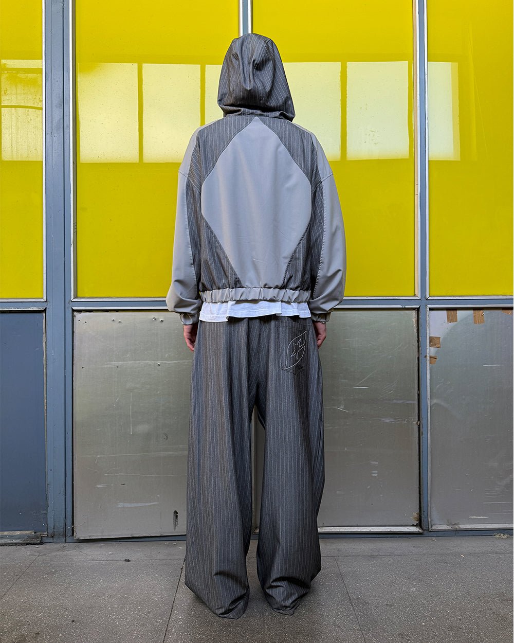 NOT FORMAL SET PANTS GREY - grey pinstripe pants, street style shot - Cold Culture