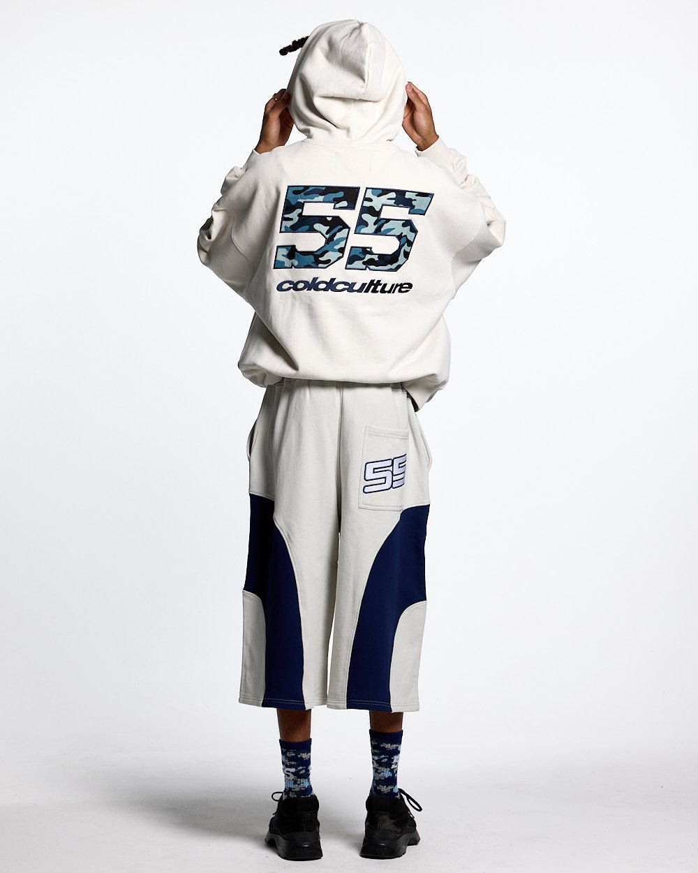 NOVA BEAR HOODIE GREYISH WHITE - off white graphic print hoodie, back view on male model - Cold Culture