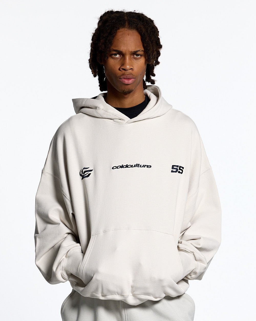 NOVA BEAR HOODIE GREYISH WHITE - off white graphic print hoodie, front view on male model - Cold Culture #man