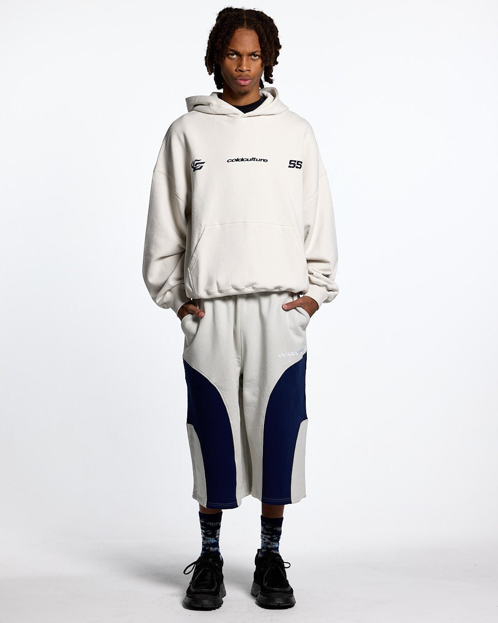 NOVA BEAR HOODIE GREYISH WHITE - off white graphic print hoodie, front view on male model - Cold Culture #man
