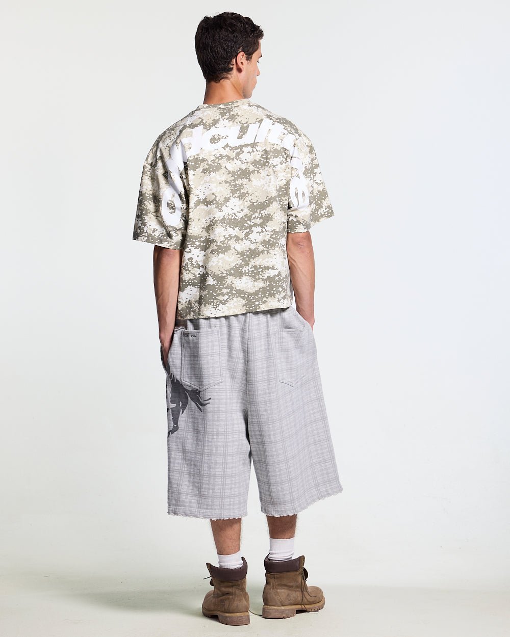 NOVEL SHORT SWEATPANTS GREY - grey plaid sweat shorts, back view on male model - Cold Culture #man