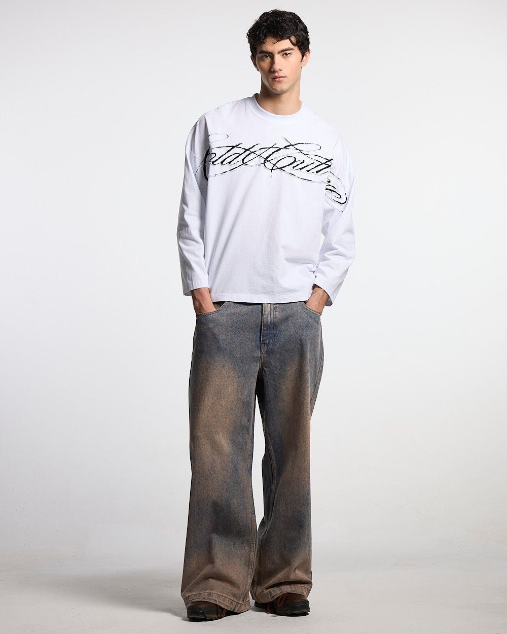 NUMBER 5 V3 DENIM PANTS DARK BLUE - dark blue washed denim pants, front view on male model - Cold Culture #man
