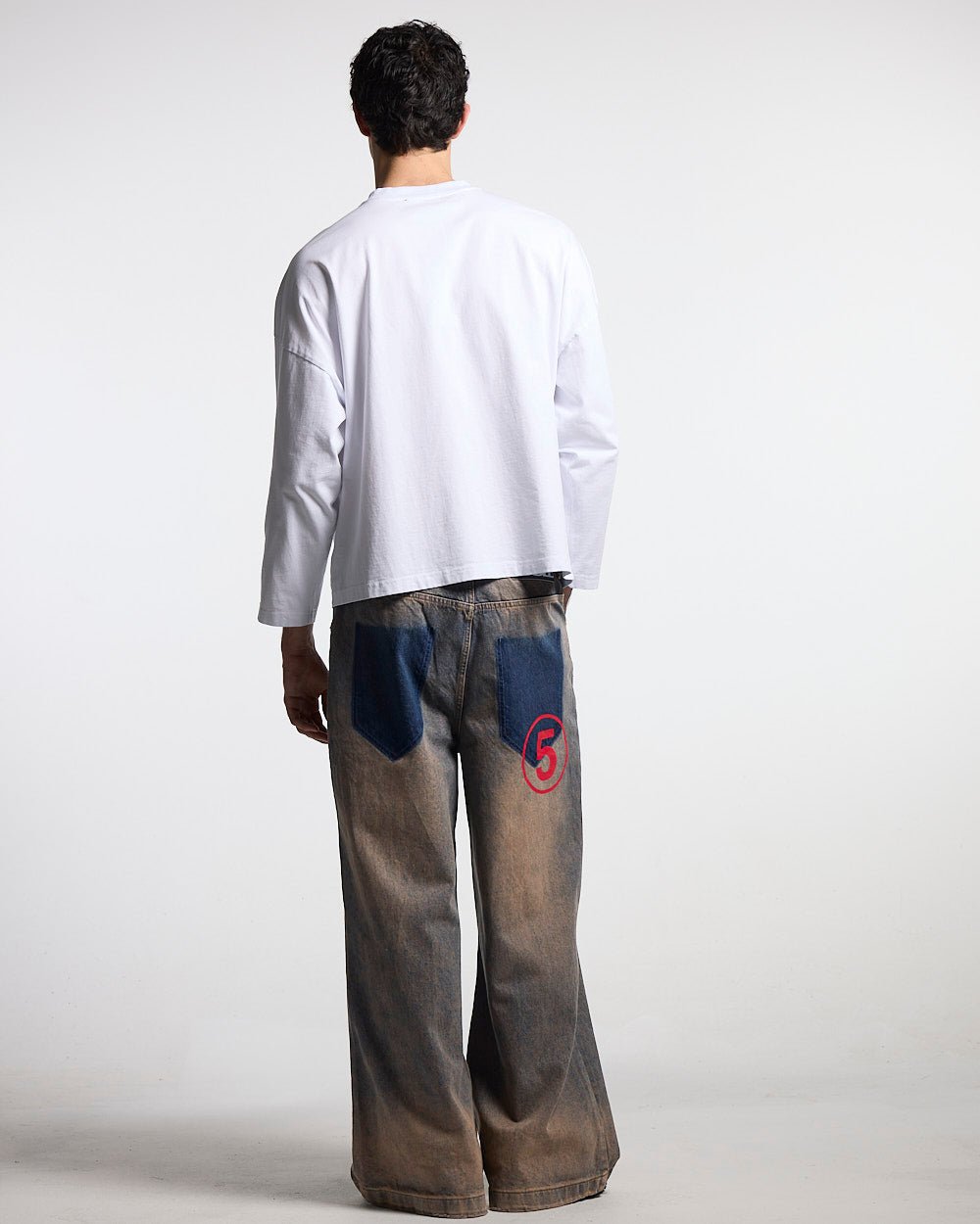 NUMBER 5 V3 DENIM PANTS DARK BLUE - dark blue washed denim pants, back view on male model - Cold Culture #man
