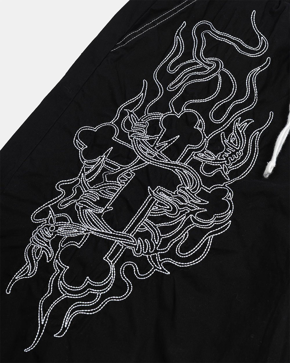 OBSIDIAN SWIMSHORTS BLACK - black embroidered swim shorts, detail close-up - Cold Culture