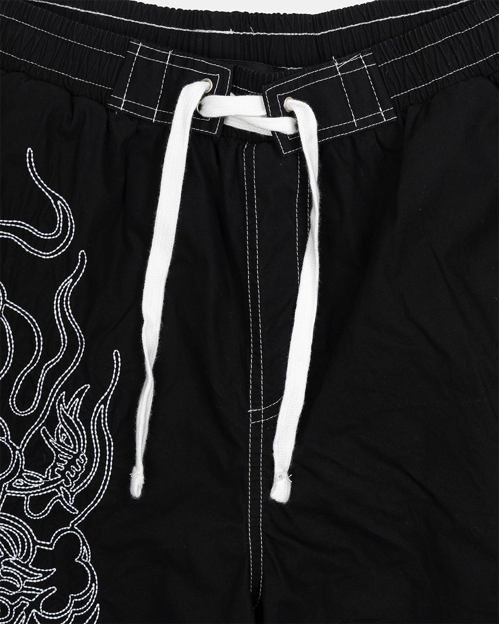 OBSIDIAN SWIMSHORTS BLACK - black embroidered swim shorts, detail close-up - Cold Culture