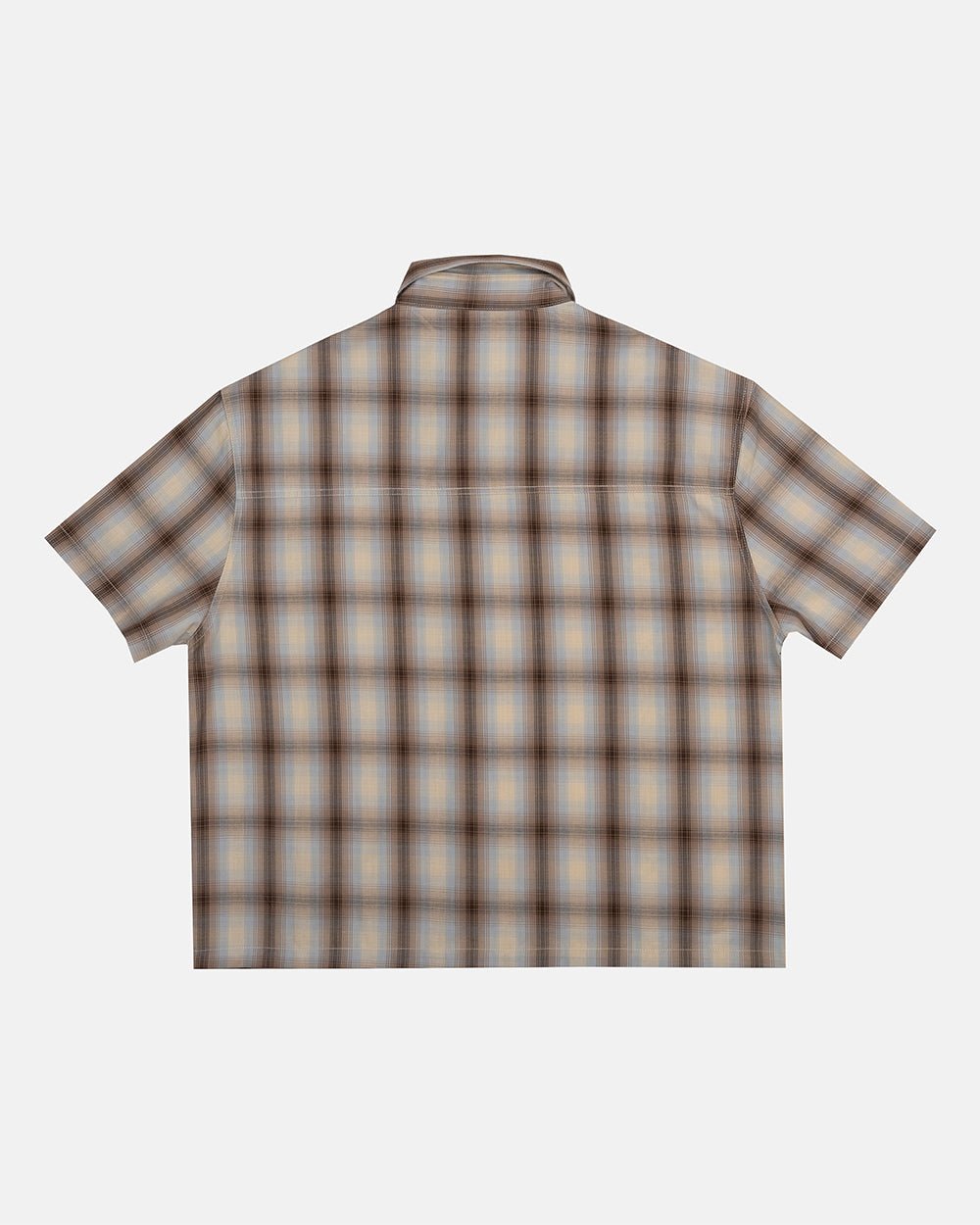 OFFICE SCRIPT SHIRT BEIGE - beige plaid short sleeve shirt, back view - Cold Culture #packshot