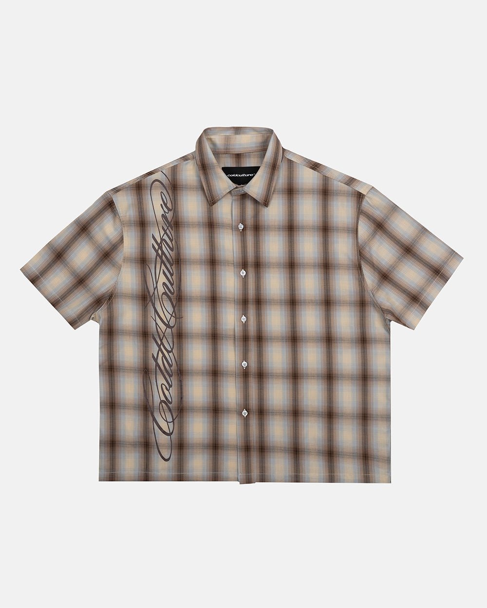 OFFICE SCRIPT SHIRT BEIGE - beige plaid short sleeve shirt, front view - Cold Culture #packshot