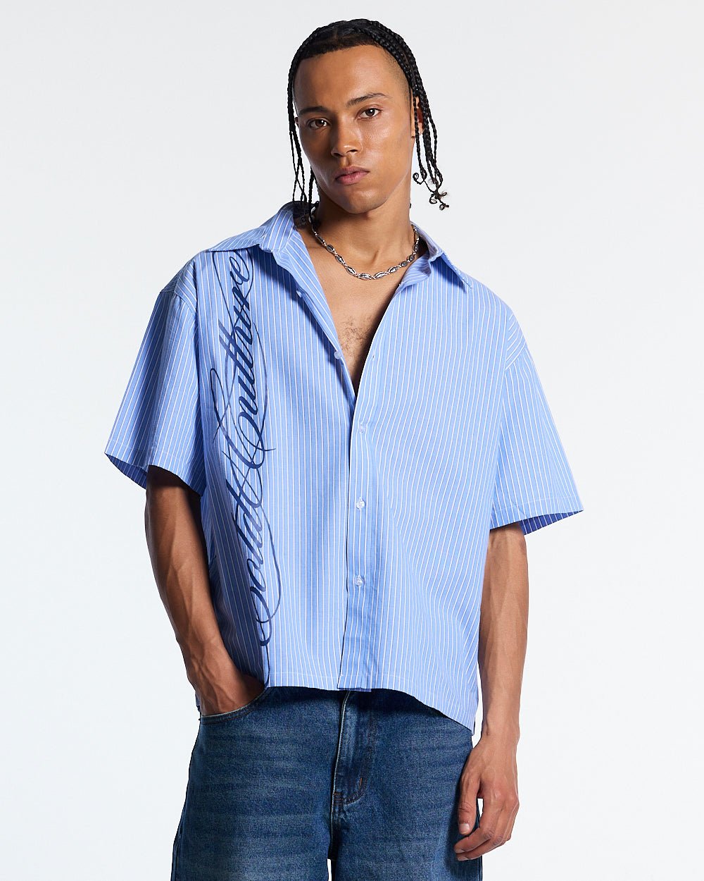 OFFICE SCRIPT SHIRT BLUE - blue striped short sleeve shirt, front view on male model - Cold Culture #man