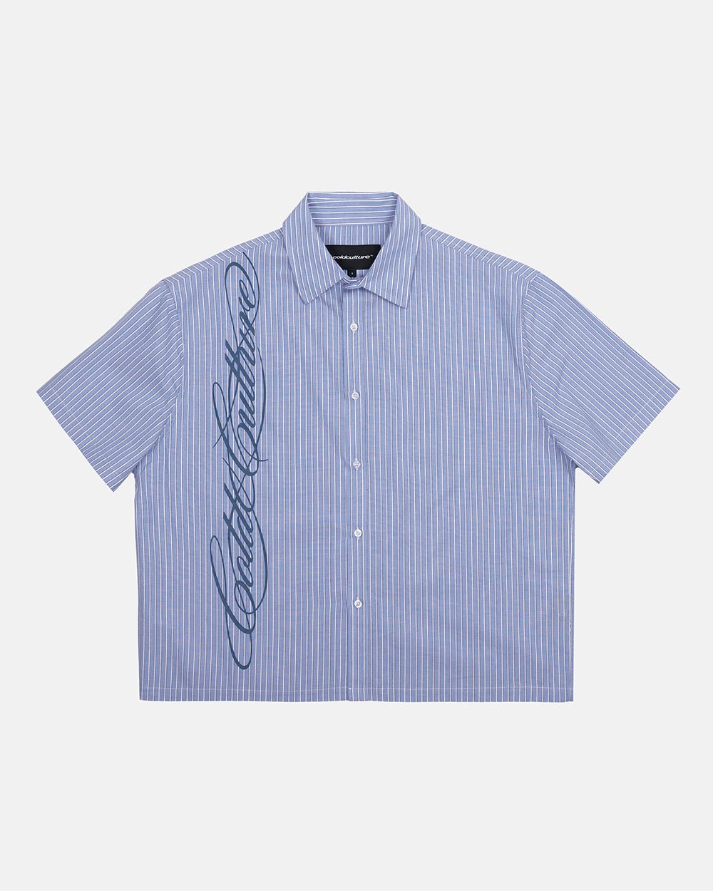 OFFICE SCRIPT SHIRT BLUE - blue striped short sleeve shirt, front view - Cold Culture #packshot