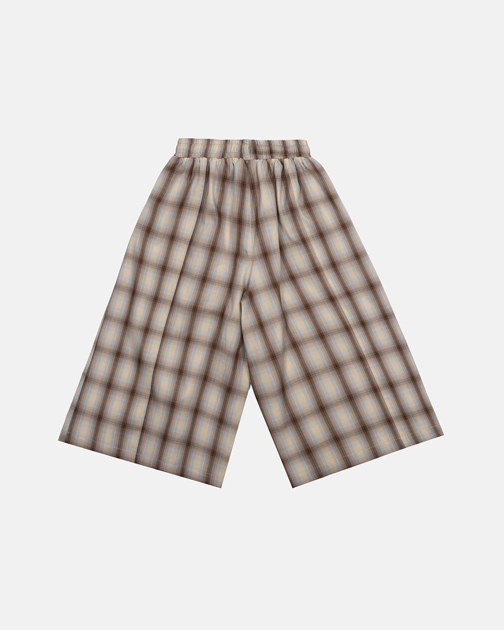 OFFICE SCRIPT SHORTS BEIGE - beige plaid wide leg shorts, back view - Cold Culture #packshot