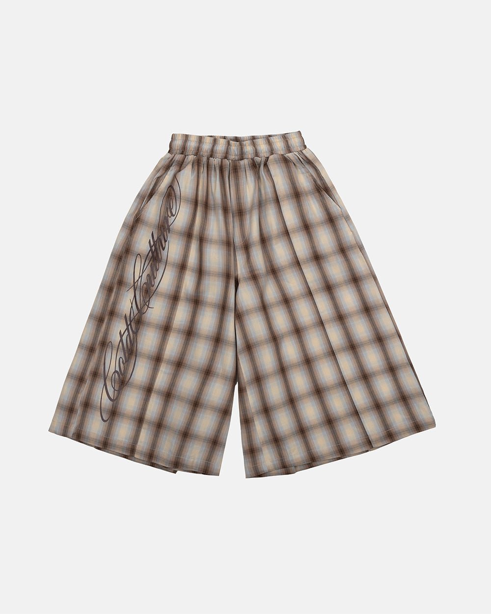 OFFICE SCRIPT SHORTS BEIGE - beige plaid wide leg shorts, front view - Cold Culture #packshot