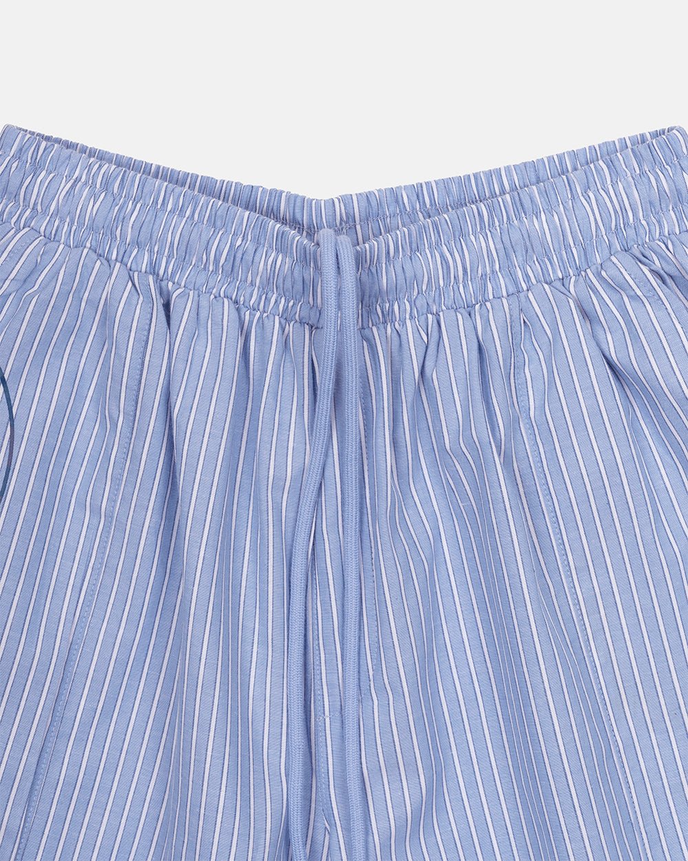 OFFICE SCRIPT SHORTS BLUE - blue striped wide leg shorts, detail close-up - Cold Culture