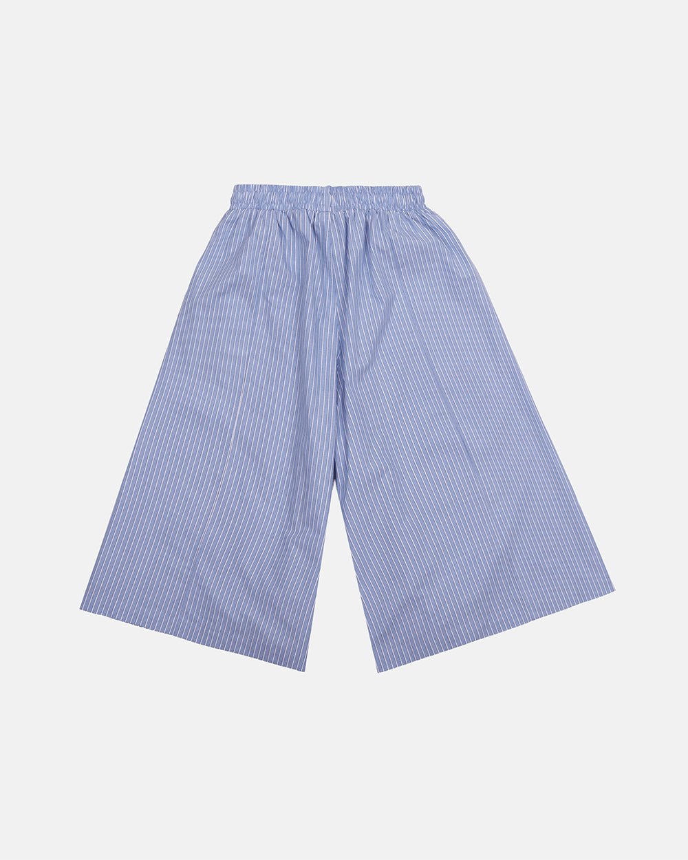 OFFICE SCRIPT SHORTS BLUE - blue striped wide leg shorts, back view - Cold Culture #packshot