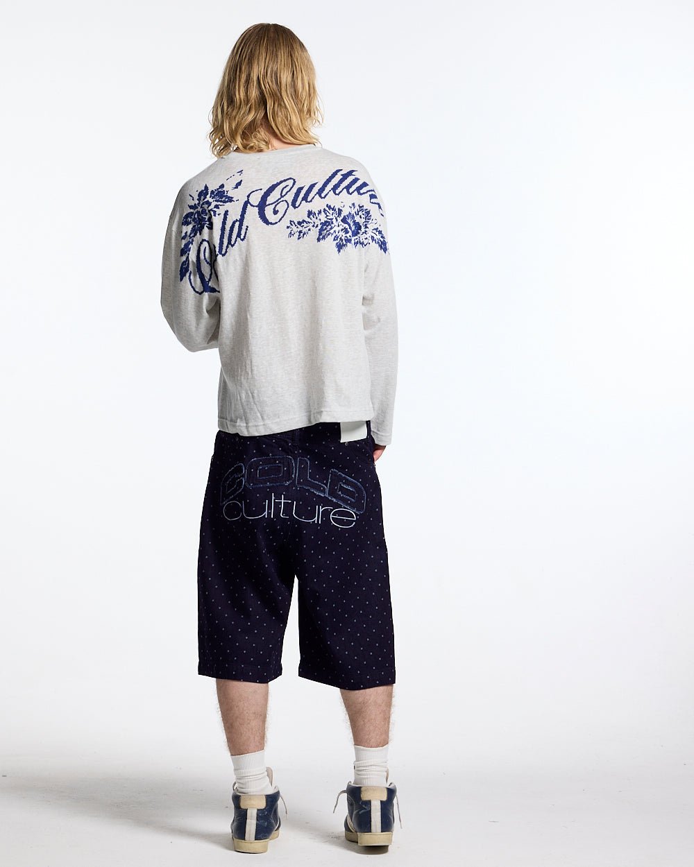 OLD SOUL LONGSLEEVE HEATHER GREY - heather grey graphic print longsleeve tee, back view on male model - Cold Culture #man