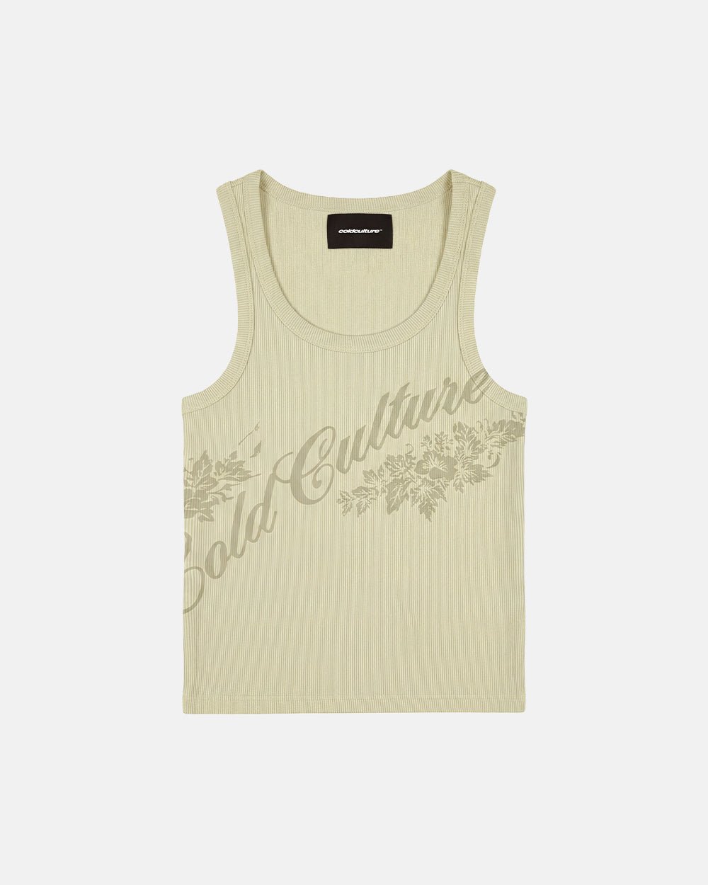 OLD SOUL TANK TOP BEIGE - beige graphic print tank top, flat lay - Cold Culture #packshot